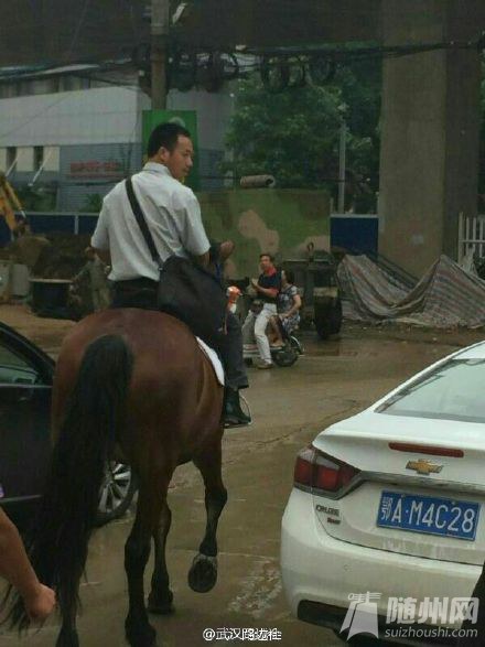 男子骑马上班引围观